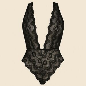 Lulus Women's Black Lace Deep V-Neck Cutout Back Lingerie Bodysuit NWT L #1340